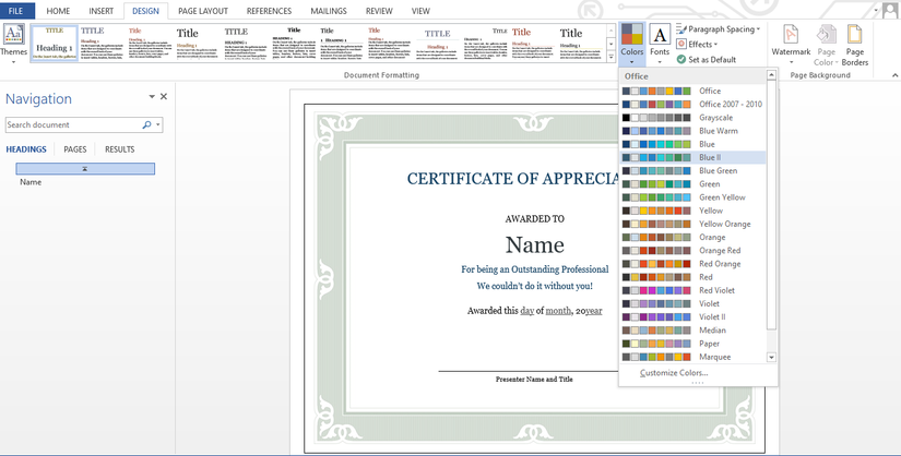 Theme colors drop-down menu