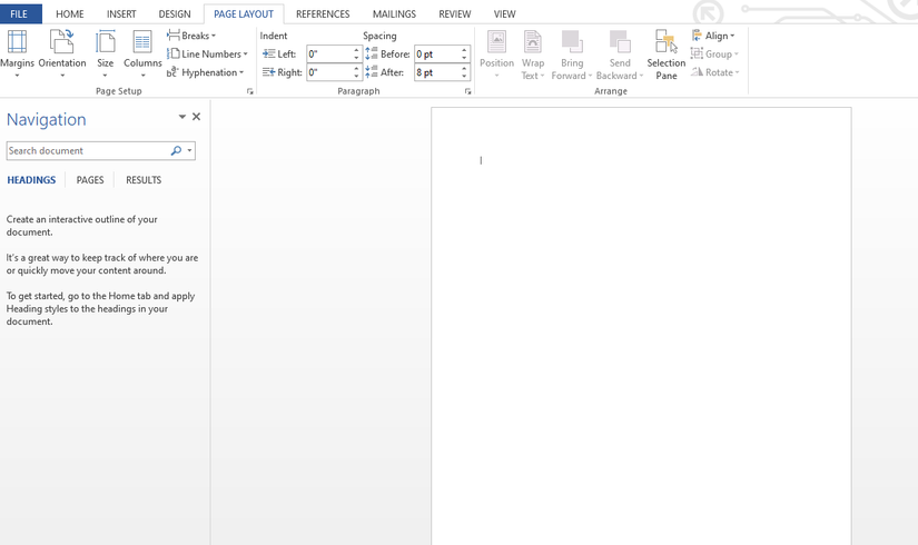 Page layout window with layout options