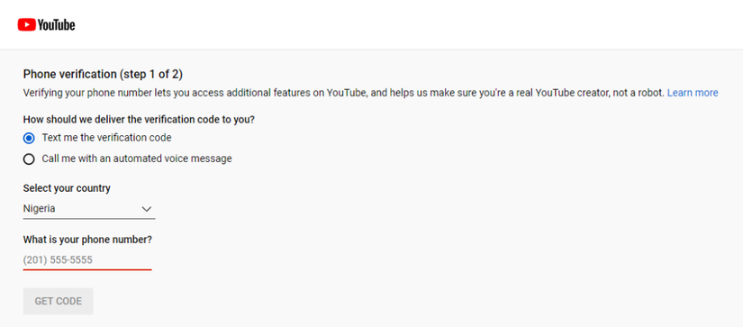 YouTube verify GET CODE