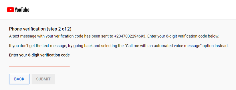 YouTube verify SUBMIT