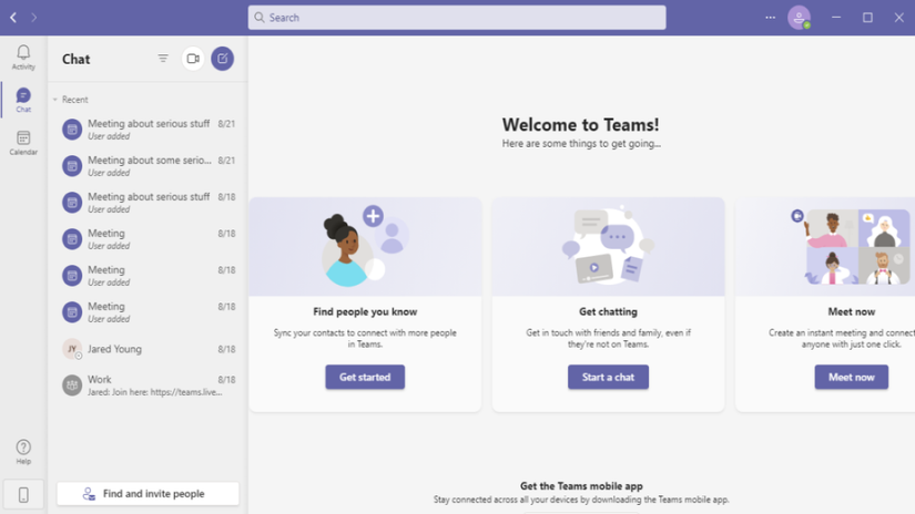 মাইক্রোসফট টিম প্রধান মেনু 