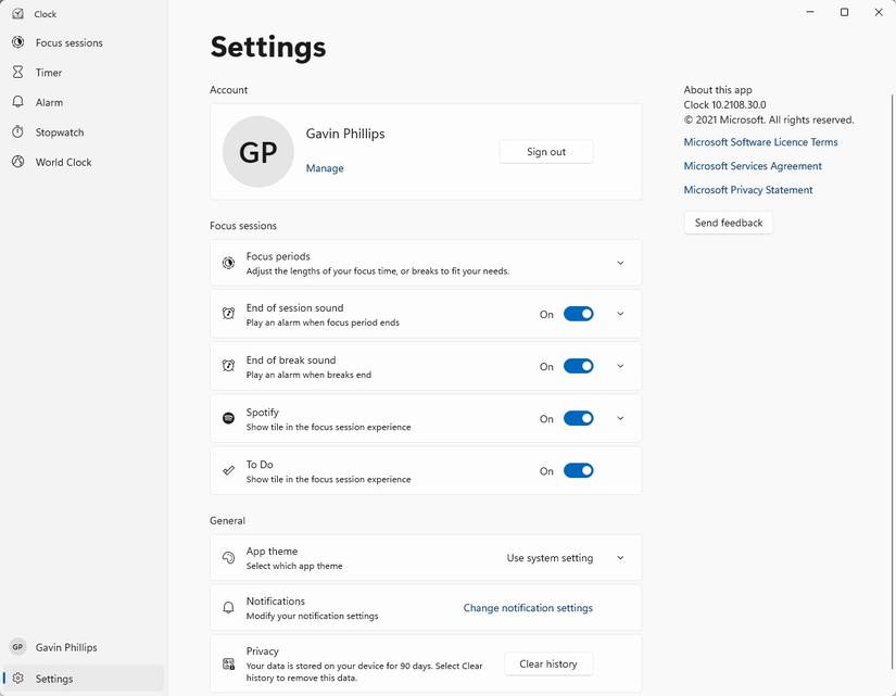 উইন্ডোজ 11 ফোকাস সেশন সেটিংস বিকল্প