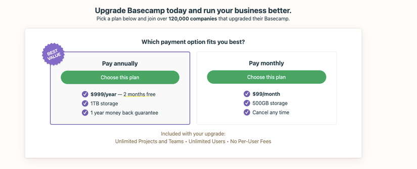 Screenshot showing Basecamp's pricing plans