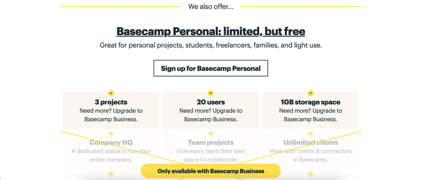 Screenshot of Basecamp personal plan features