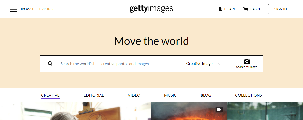 Uno screenshot dello strumento di ricerca inversa delle immagini di Getty Image