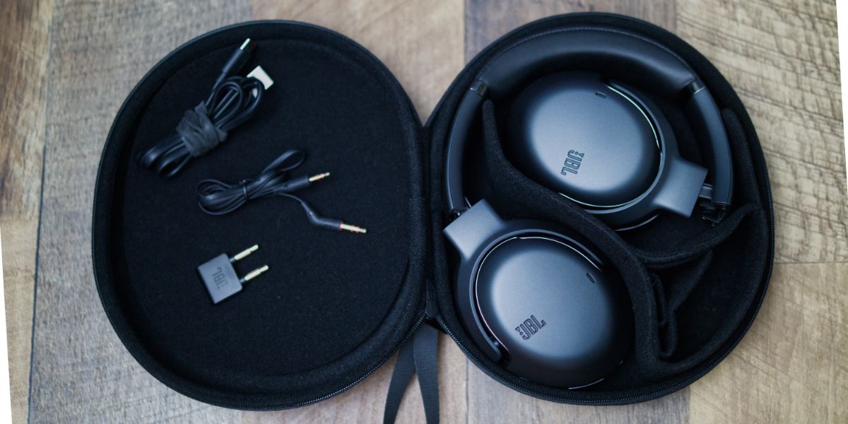 JBL Headphones come with a hardshell case and an airplane adapter