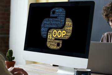 Two people sitting facing each other with Python's logo showing on the front computer screen