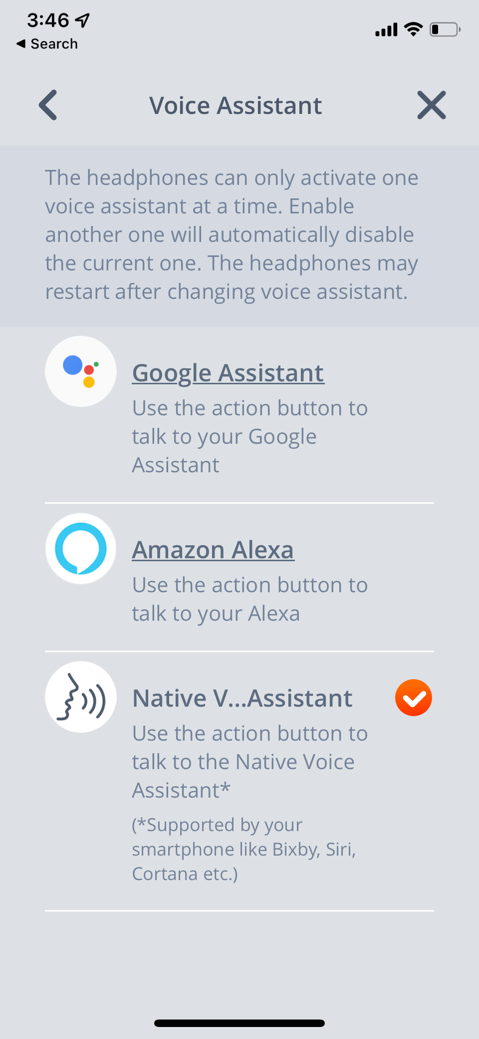 Tour One Voice Assistant Selection Screen