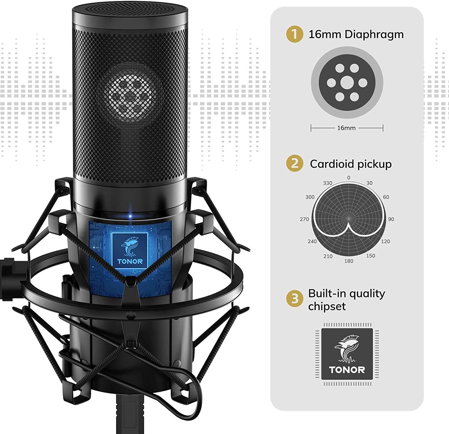 A visual showing features of USB Mic Tonor Kit