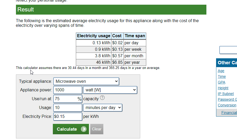 screenshot del calcolatore calcolatore di elettricità netta
