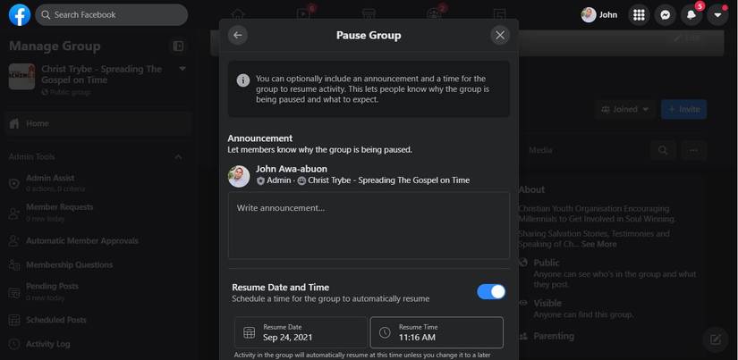 facebook pause group feature