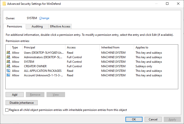 Changing the owner of the Registry