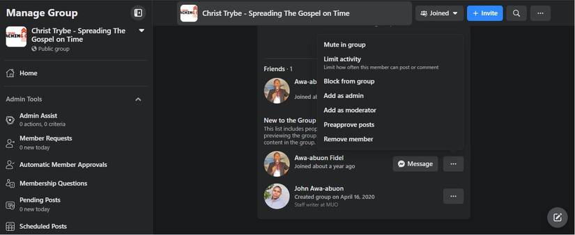 screen showing admin removing a member from a facebook group