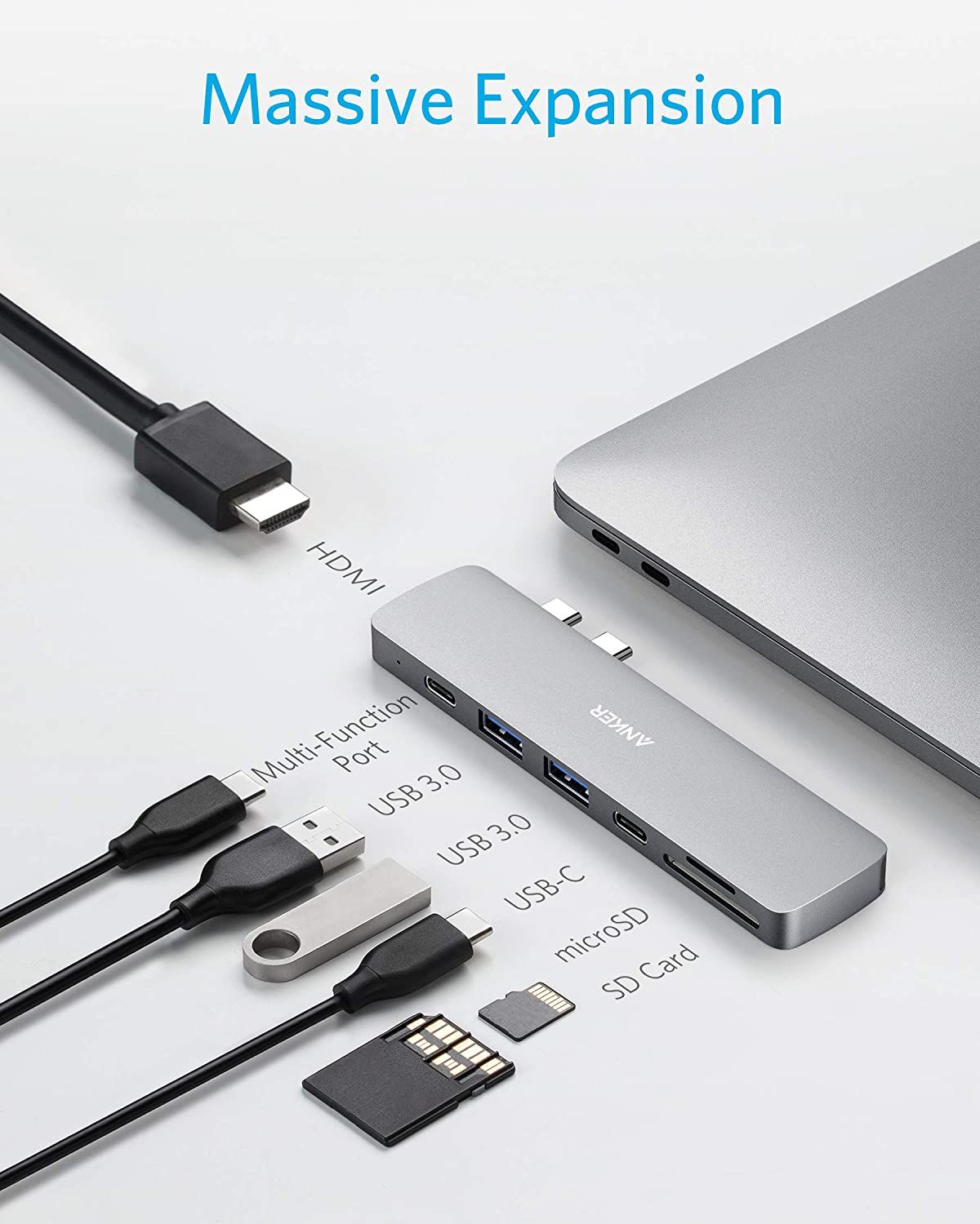 The number and type of ports on the Anker PowerExpand Direct 7-in-2 USB C Adapter.