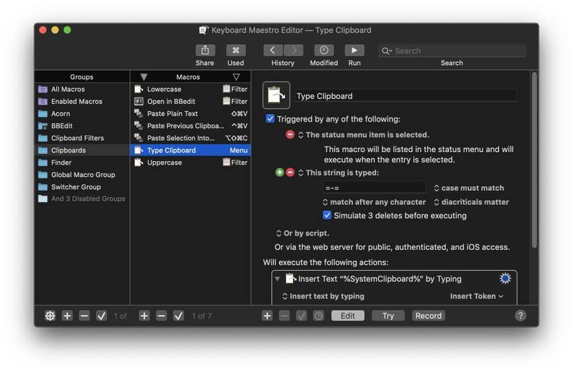 Keyboard Maestro clipboard macro visible on a Mac in dark mode