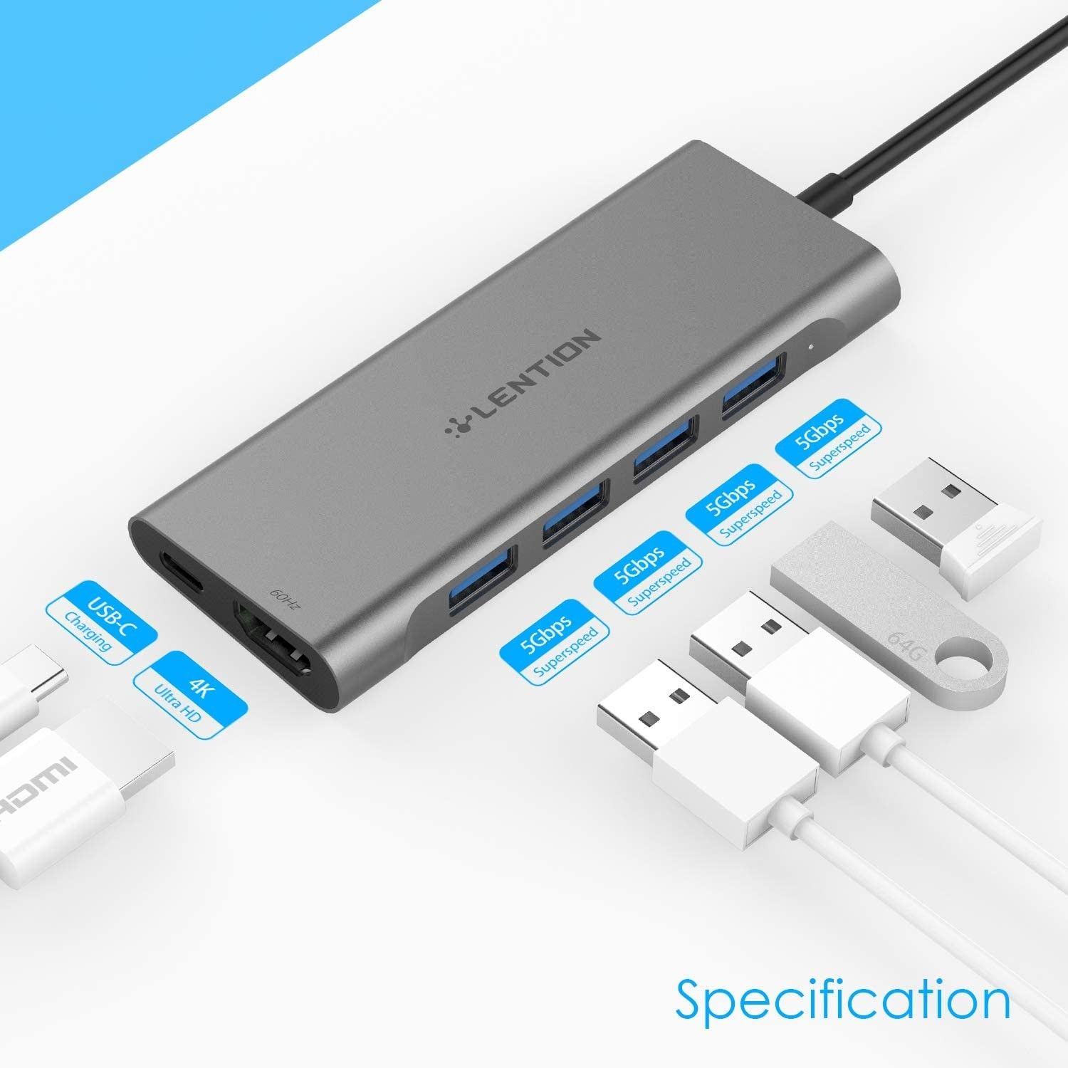 The number and type of ports on the Lention USB-C Hub Multiport Adapter 