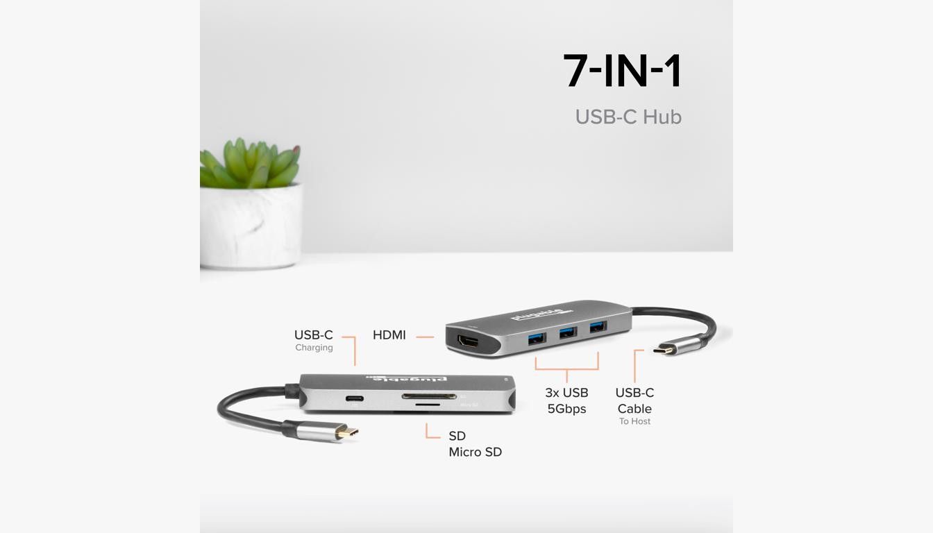 The number and type of ports on the Plugable USB-C 7-in-1 Hub.
