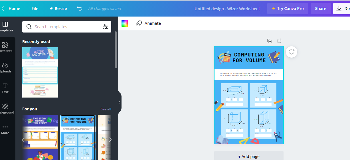 capture d'écran de la feuille de travail canva