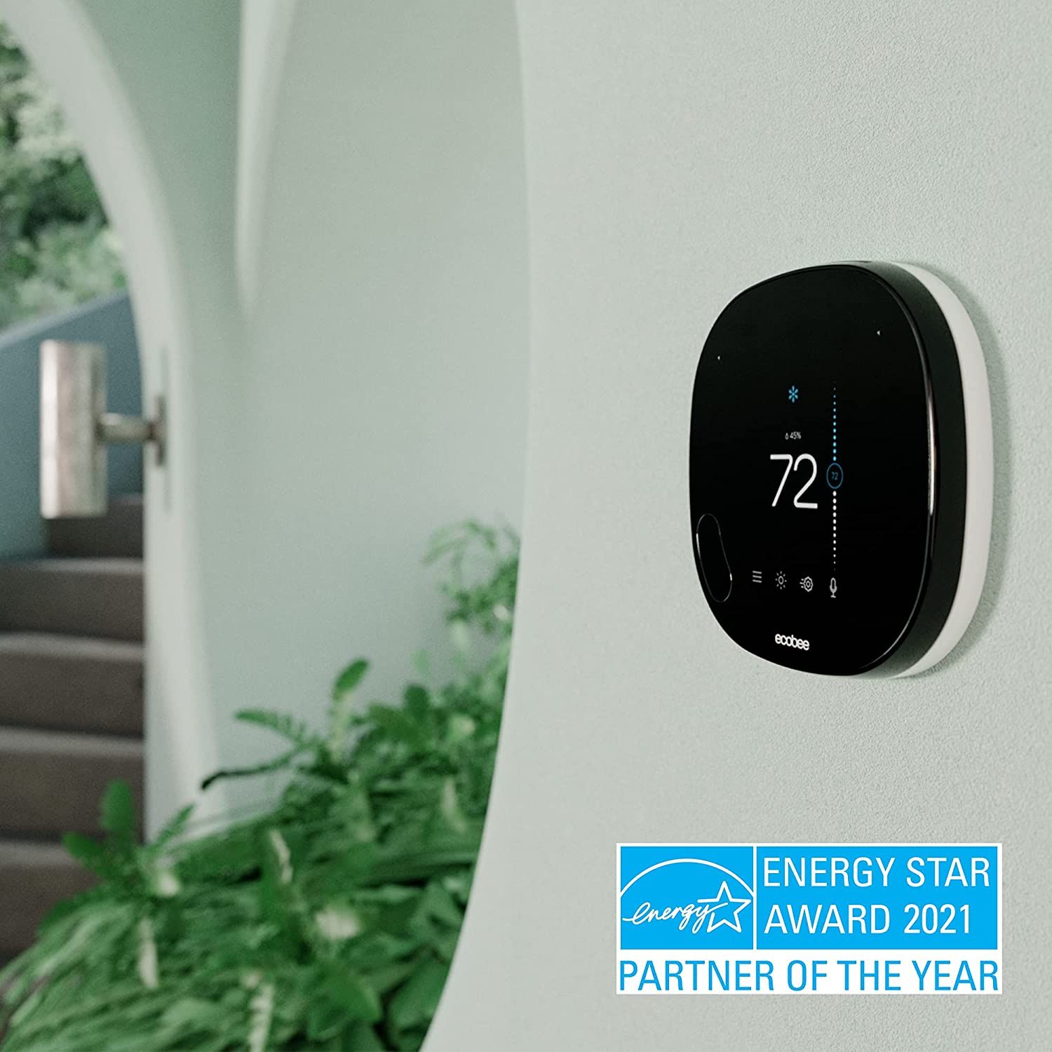 A visual of ecobee SmartThermostat mounted on wall