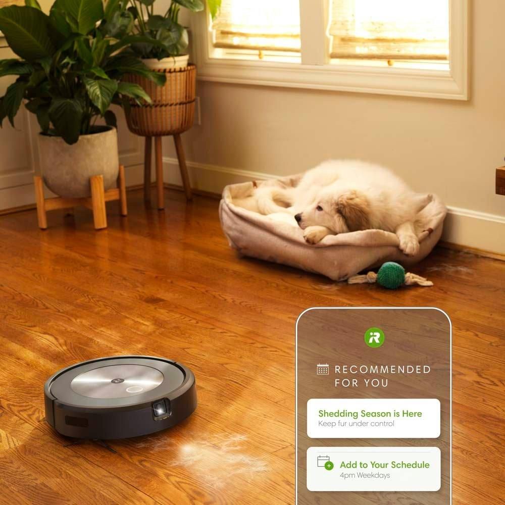 ربات جاروبرقی iRobot Roomba j7+ که در کنار سگ قرار دارد.