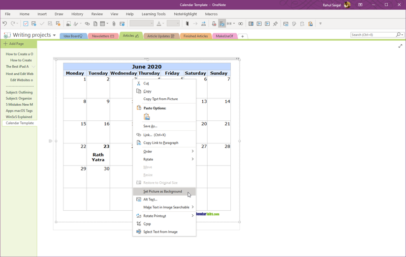 How to Create a OneNote Calendar Template