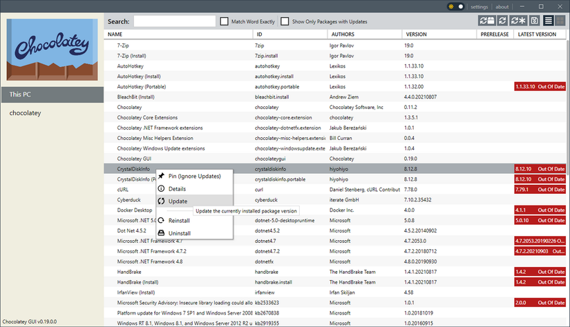 update chocolatey package through gui