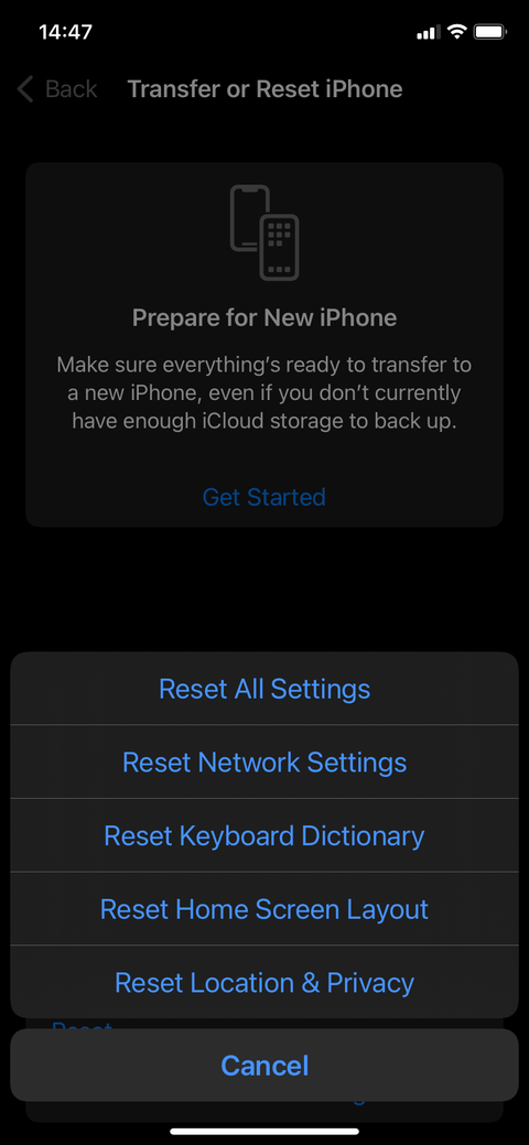 Reset menu on iPhone.