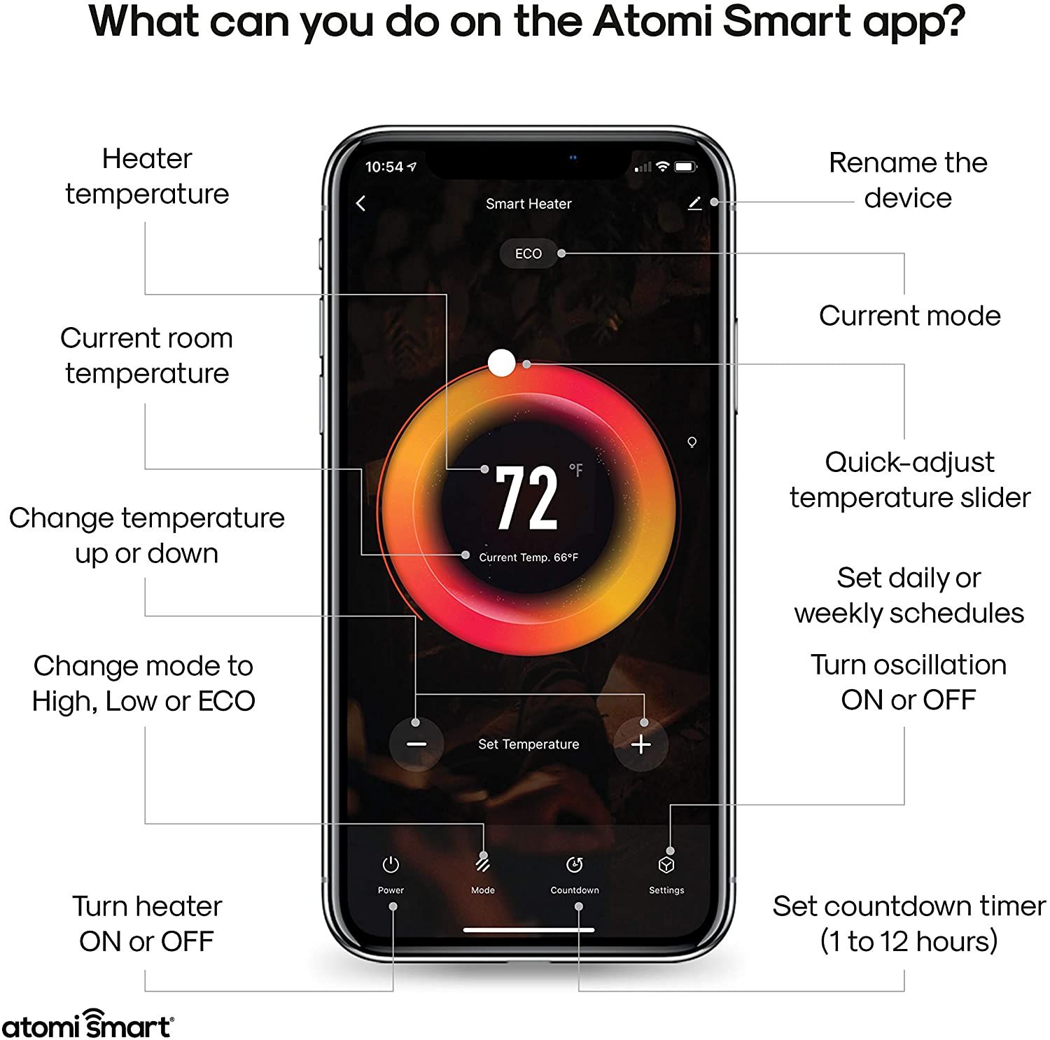 An image showing the mobile app control features of Atomi portable space heater