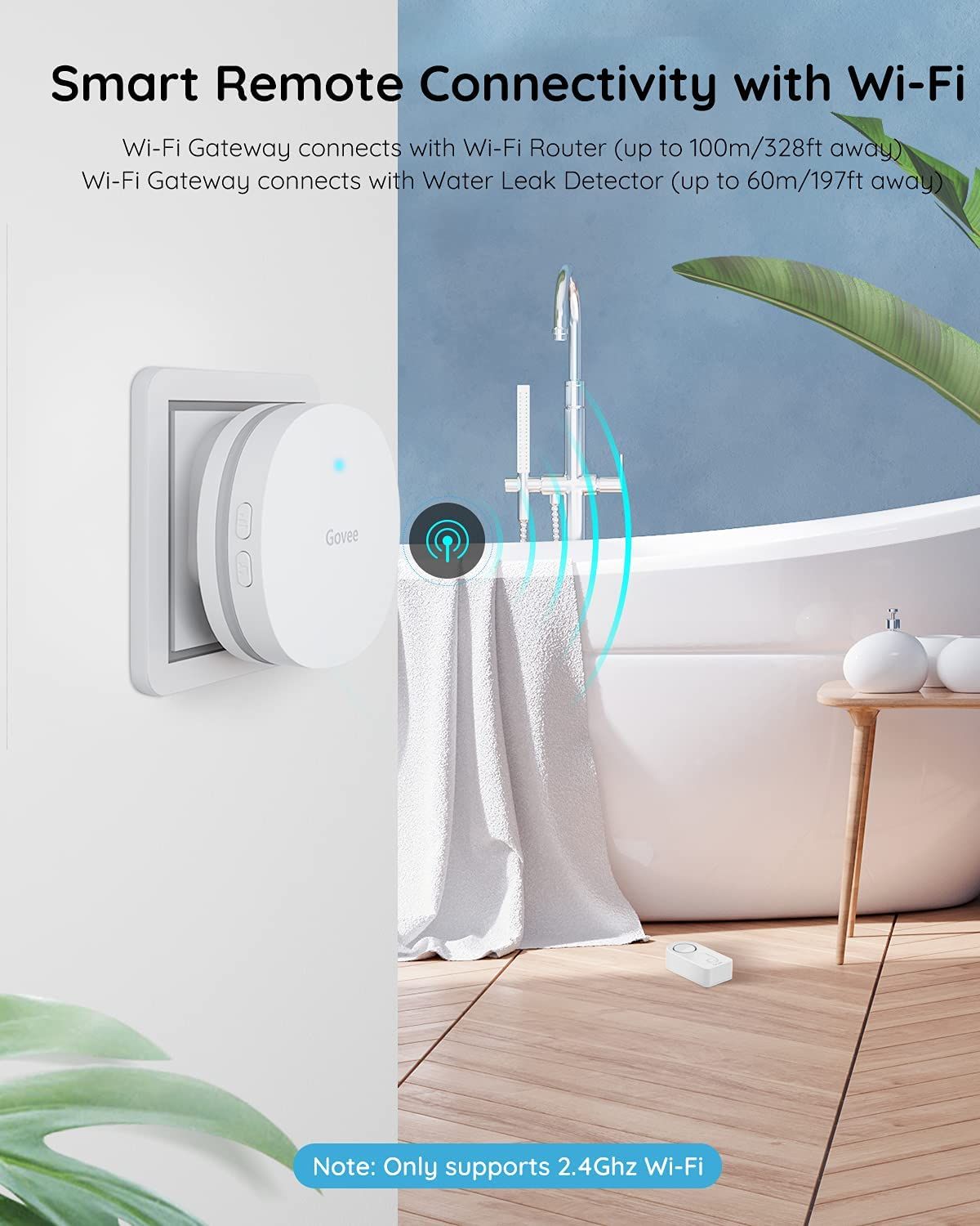 A visual showing the Govee WiFi Water Sensor in use