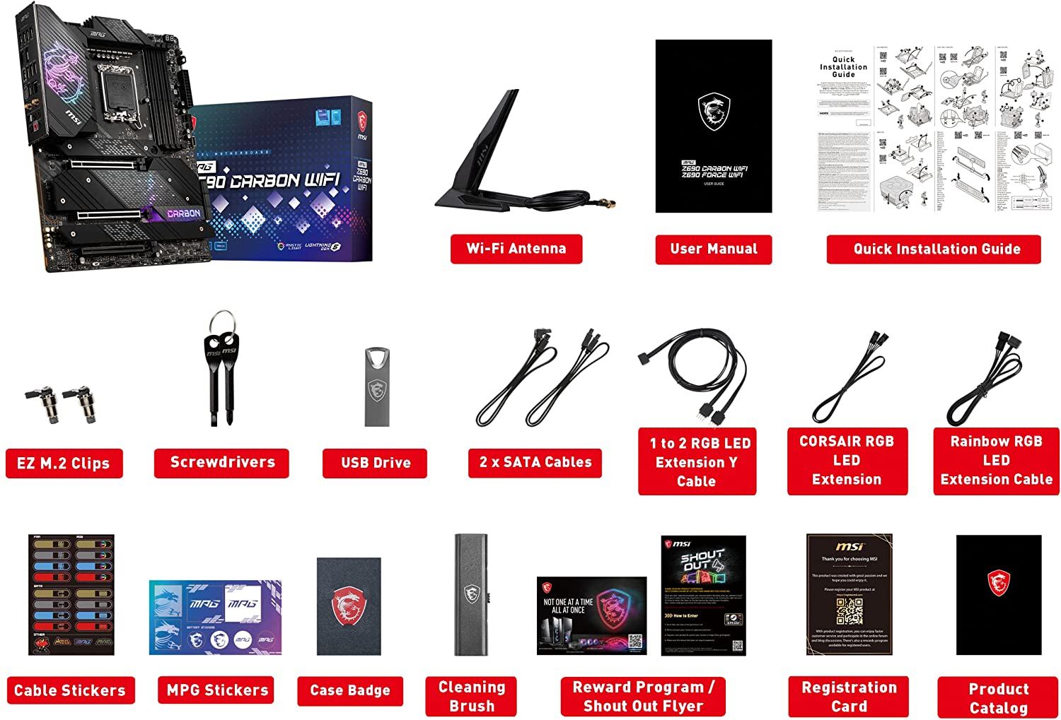 An image showing all in-box items of MSI MPG Z690 Carbon