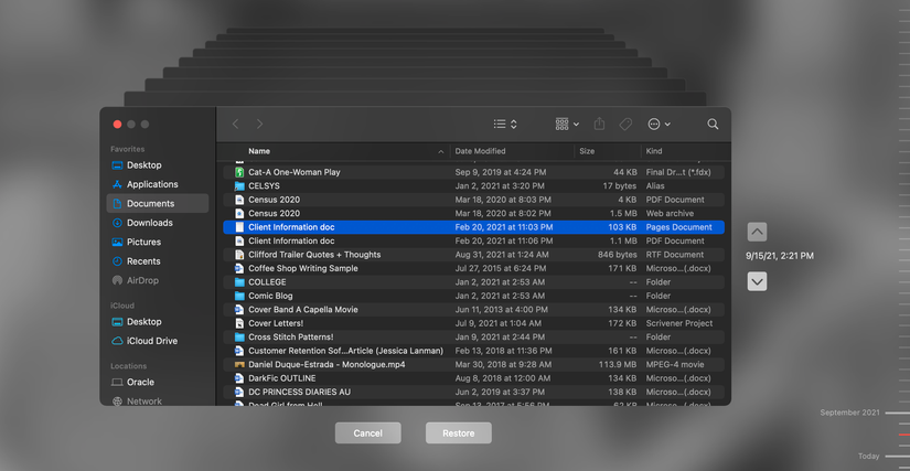 Time Machine local snapshot of Finder Documents folder on MacBook Pro