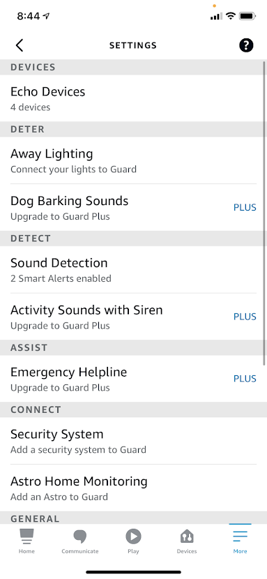 Alexa Guard options