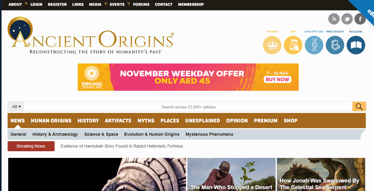 Screenshot of Ancient Origins Website