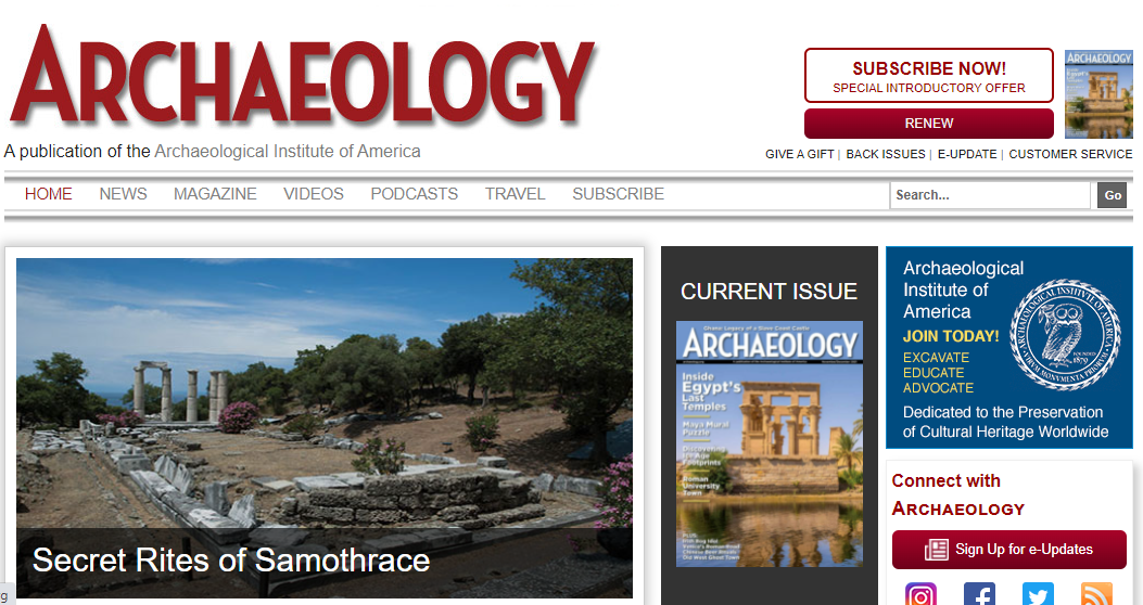 Screenshot of Archaeology Magazine Website