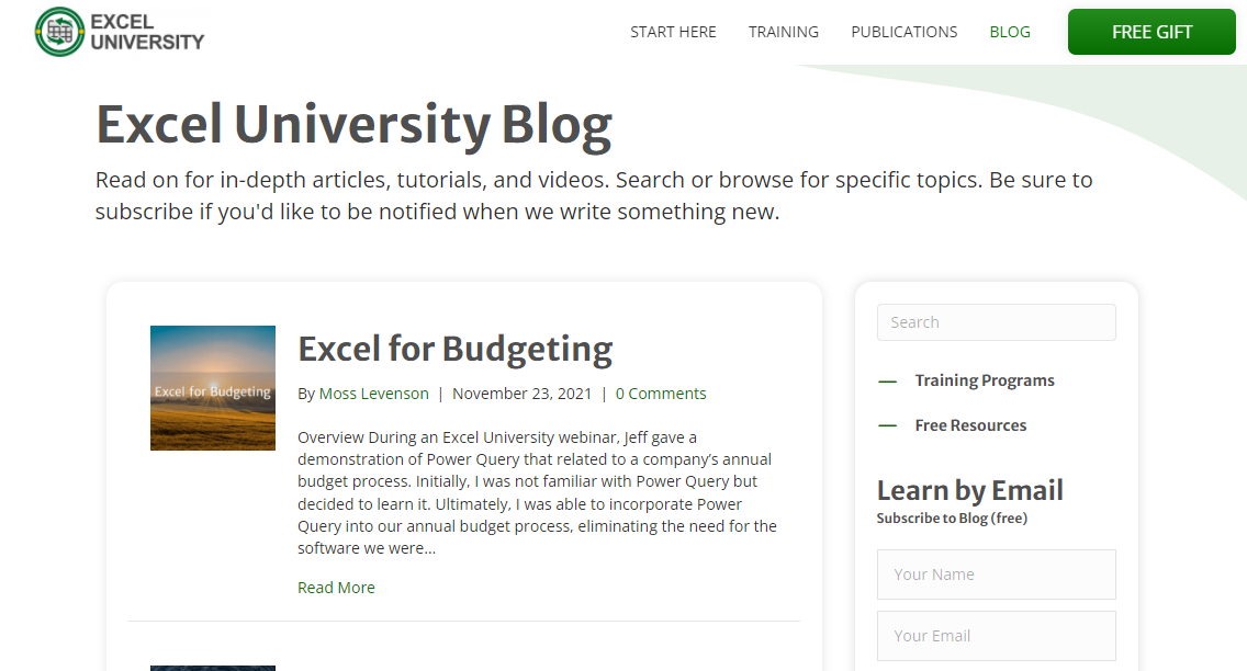 Screenshot of Excel University website