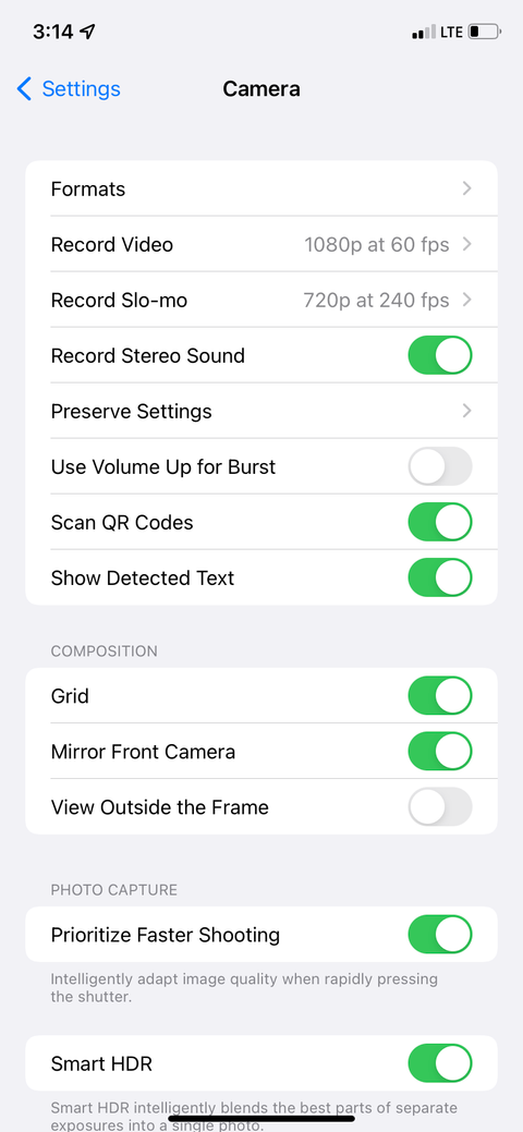 iPhone camera settings showing Mirror Front Camera