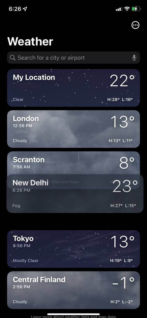 Rearranging a city in inbuilt Weather app on iPhone
