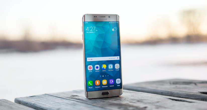 samsung phone standing on table