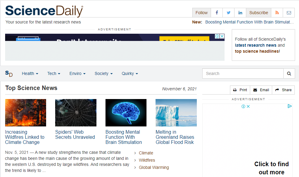 Screenshot of Science Daily