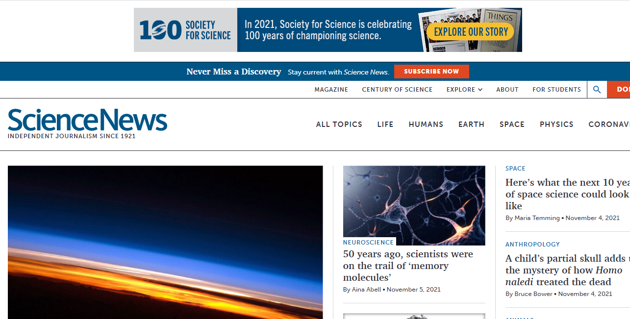 Screenshot of Science News Website