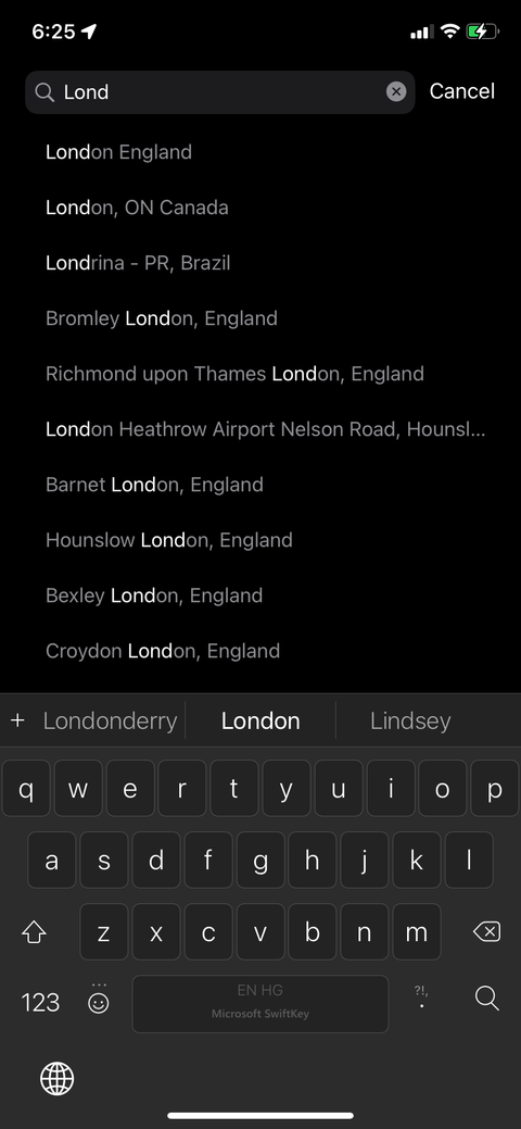 Searching the name London in the iPhone Weather app