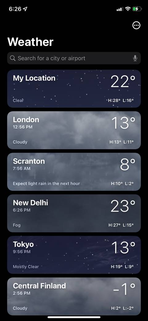 Weather app showing list of all added cities