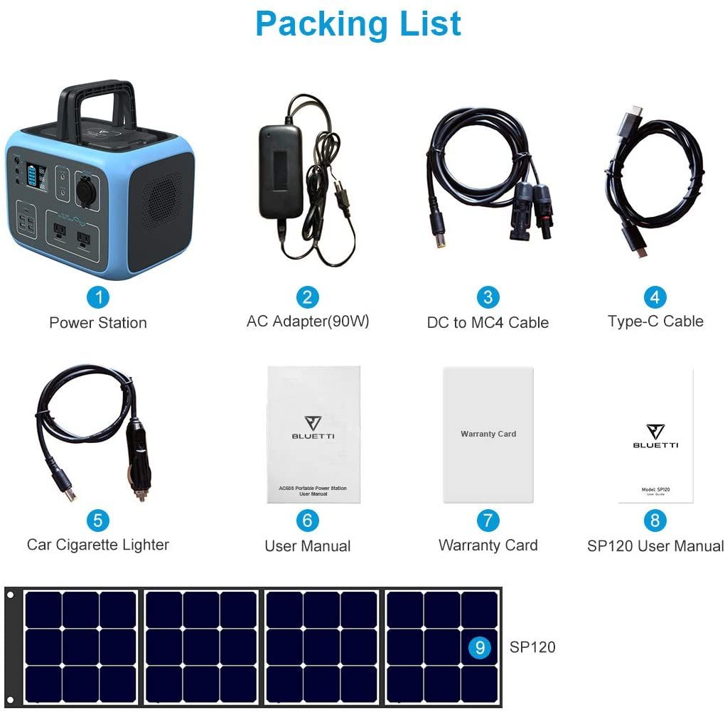 BLUETTI AC50S Portable Solar Generator in box items