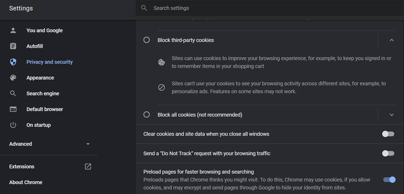 Chrome privacy and security settings menu