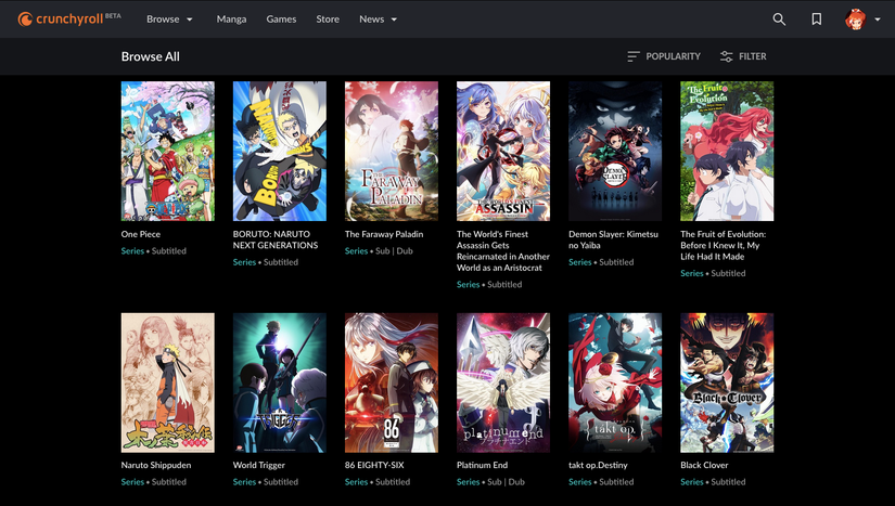 Crunchyroll Beta popular seasonal titles
