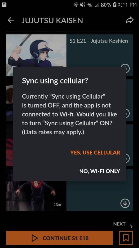 Crunchyroll sync warning regarding data usage