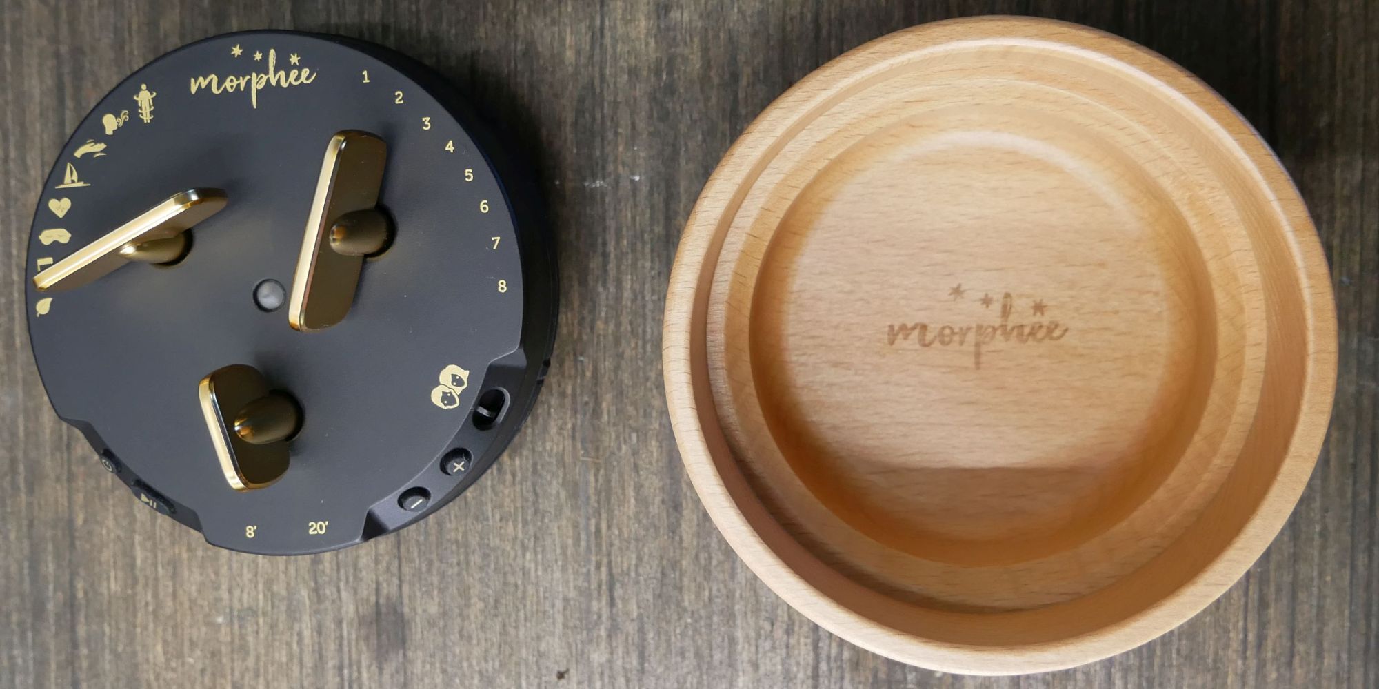 Morphee sound unit next to its wooden base and lid