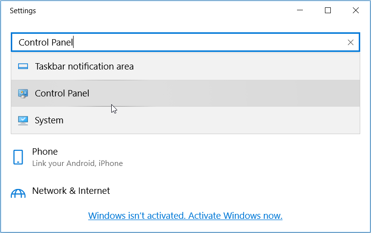 Opening the Control Panel Via the System Settings