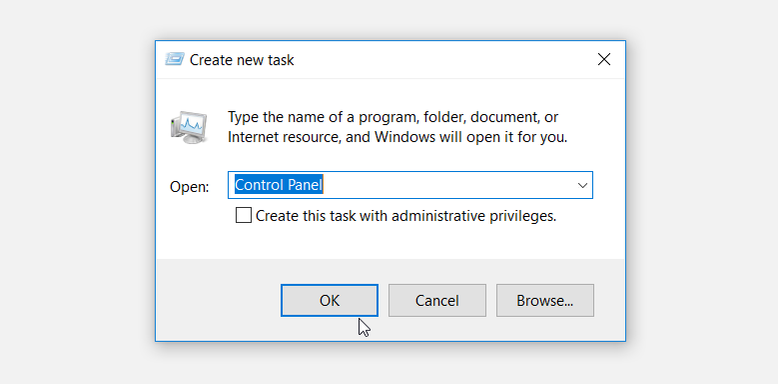 Opening the Control Panel Via the Task Manager