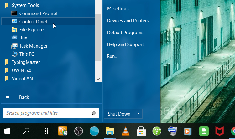 Opening the Control Panel Via the Windows Start Menu